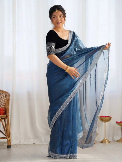 Chic Aqua Blue Net Embroidered Party Wear Saree With Blouse - Ethnic Plus In